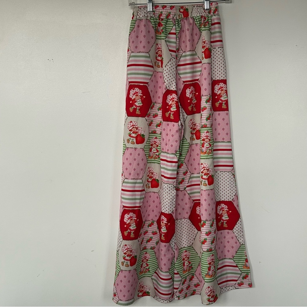 Romwe Strawberry Shortcake Wide Leg Patchwork Pants Pink Red